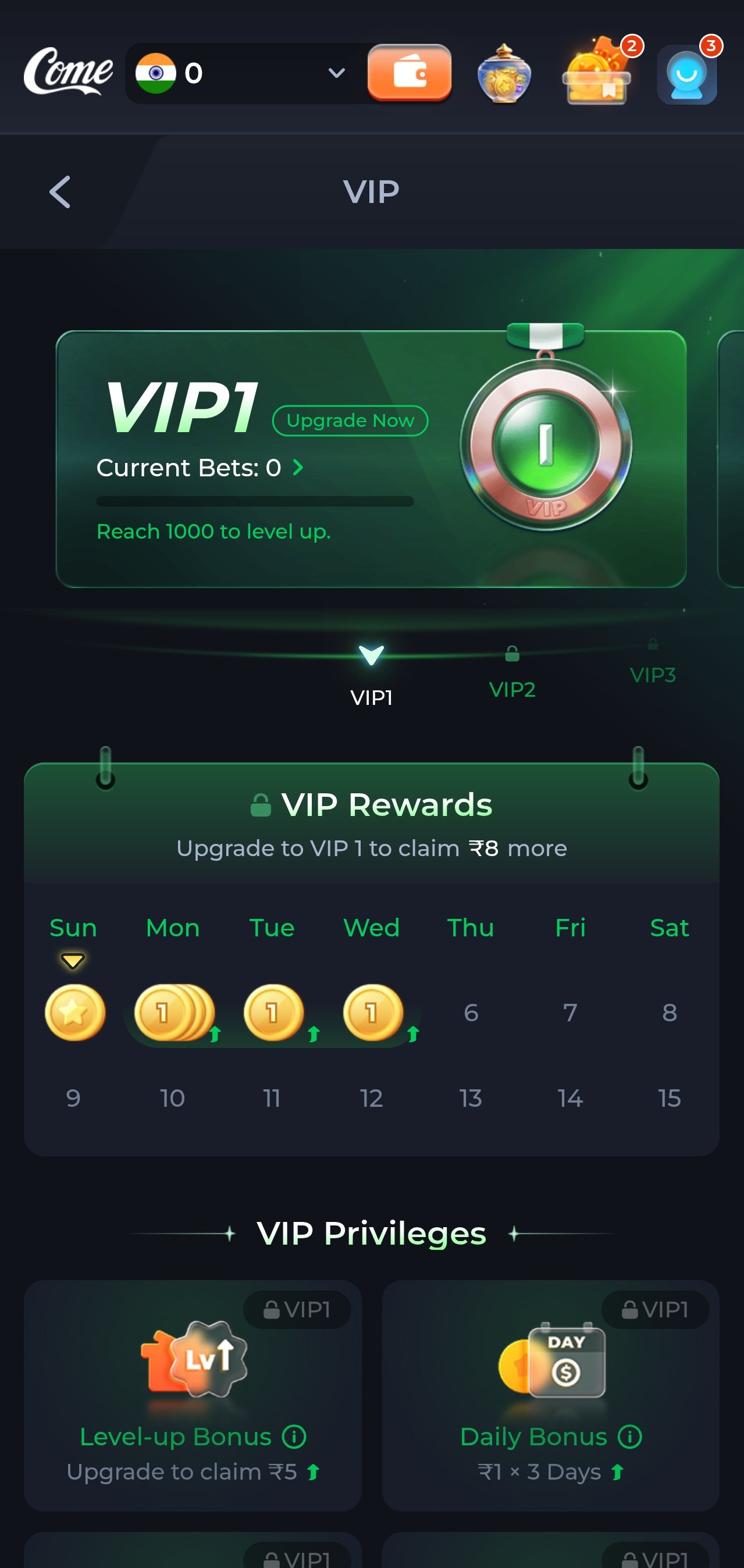ComeGame VIP club screen showing level progress and weekly rewards