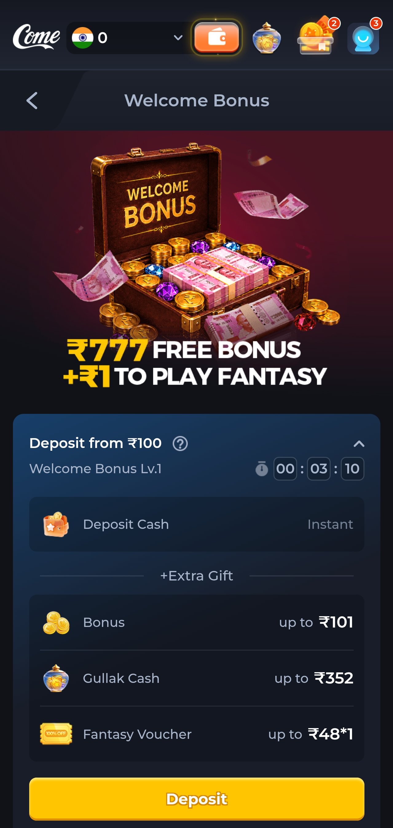 ComeGame Welcome Bonus screen showing the deposit bonus tiers